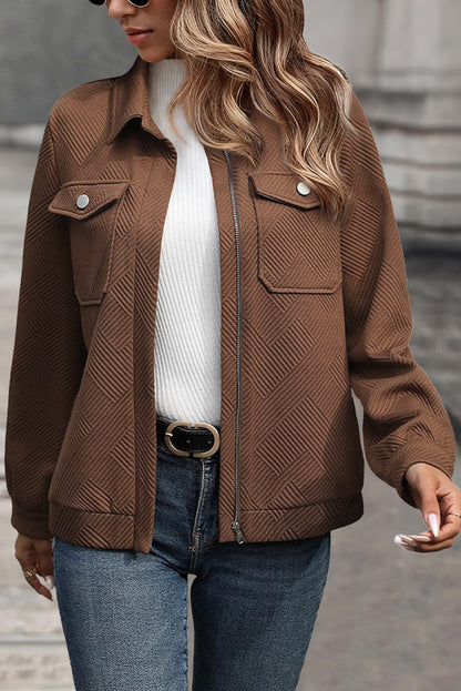 Coffee Solid Color Zip Up Button Flap Pocket Shirt Collar Jackets
