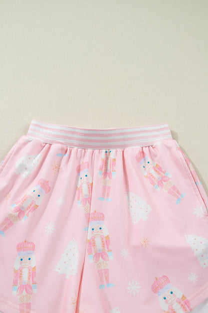 Pink Christmas Tree Nutcracker Doll Print Contrast Trim Long Sleeve Top Matching Shorts Set