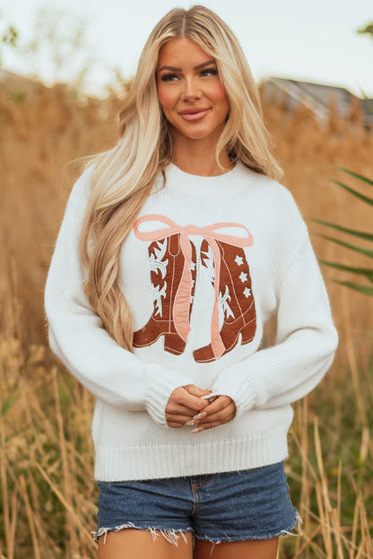 White Embroidered Bow Boots Graphic Drop Shoulder Sweater