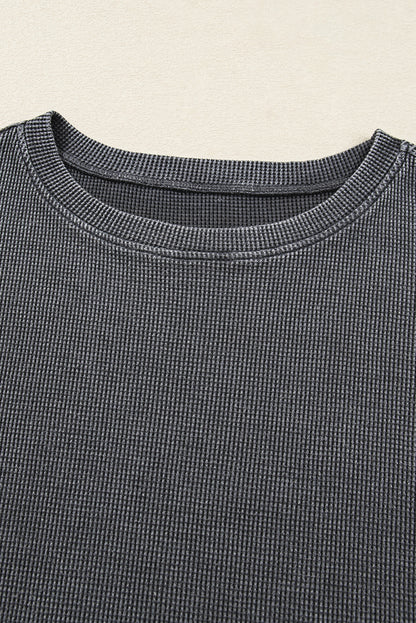 Dark Grey Waffle Knit Patchwork Long Sleeve Loose Top