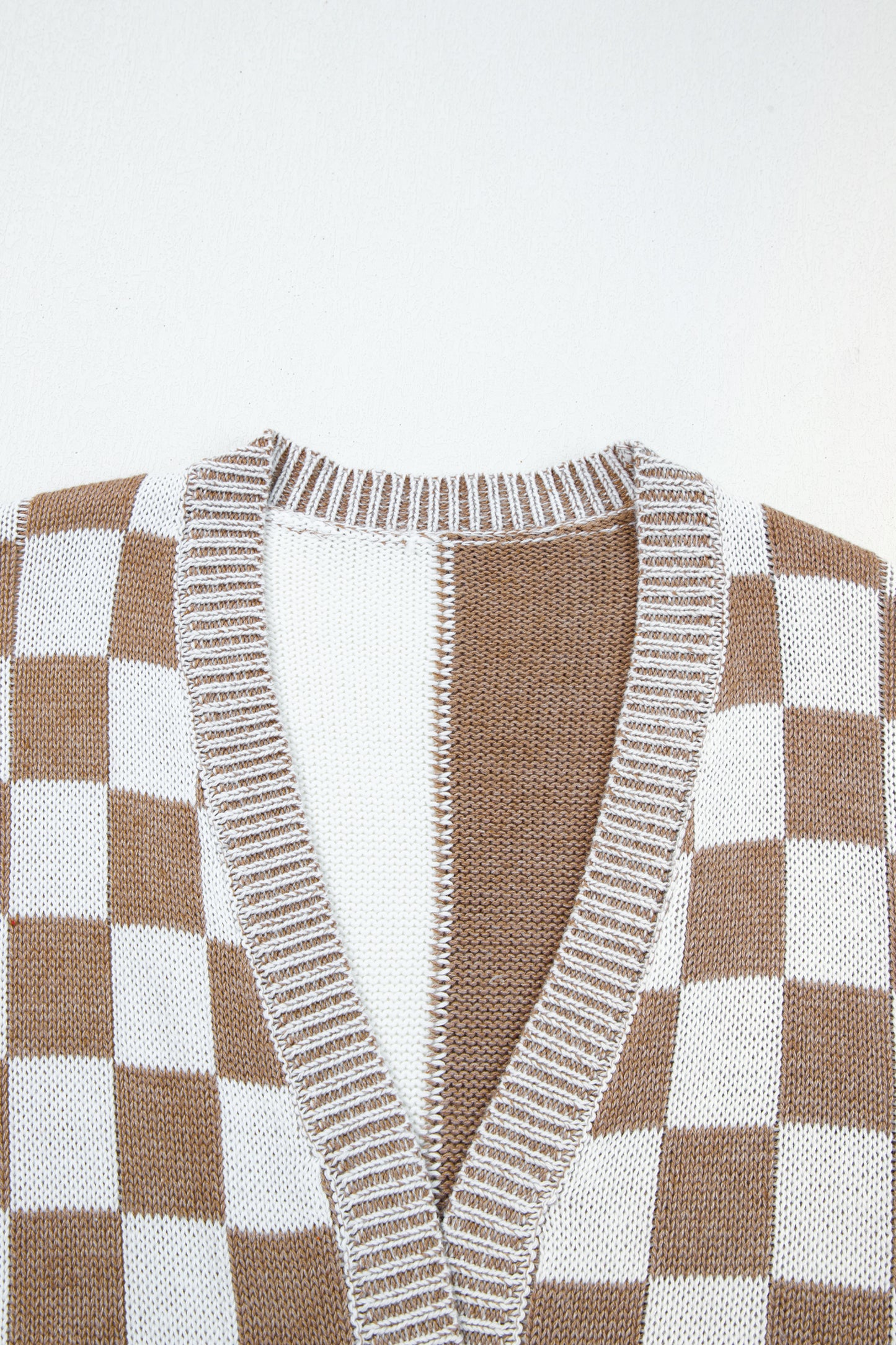 Brown Plus Size Checkered Bubble Sleeve Drop Shoulder Open Cardigan