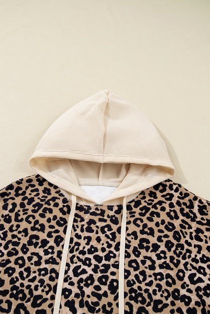 Leopard Print Waffle Contrast Kangaroo Pocket Hooded Sweatshirt