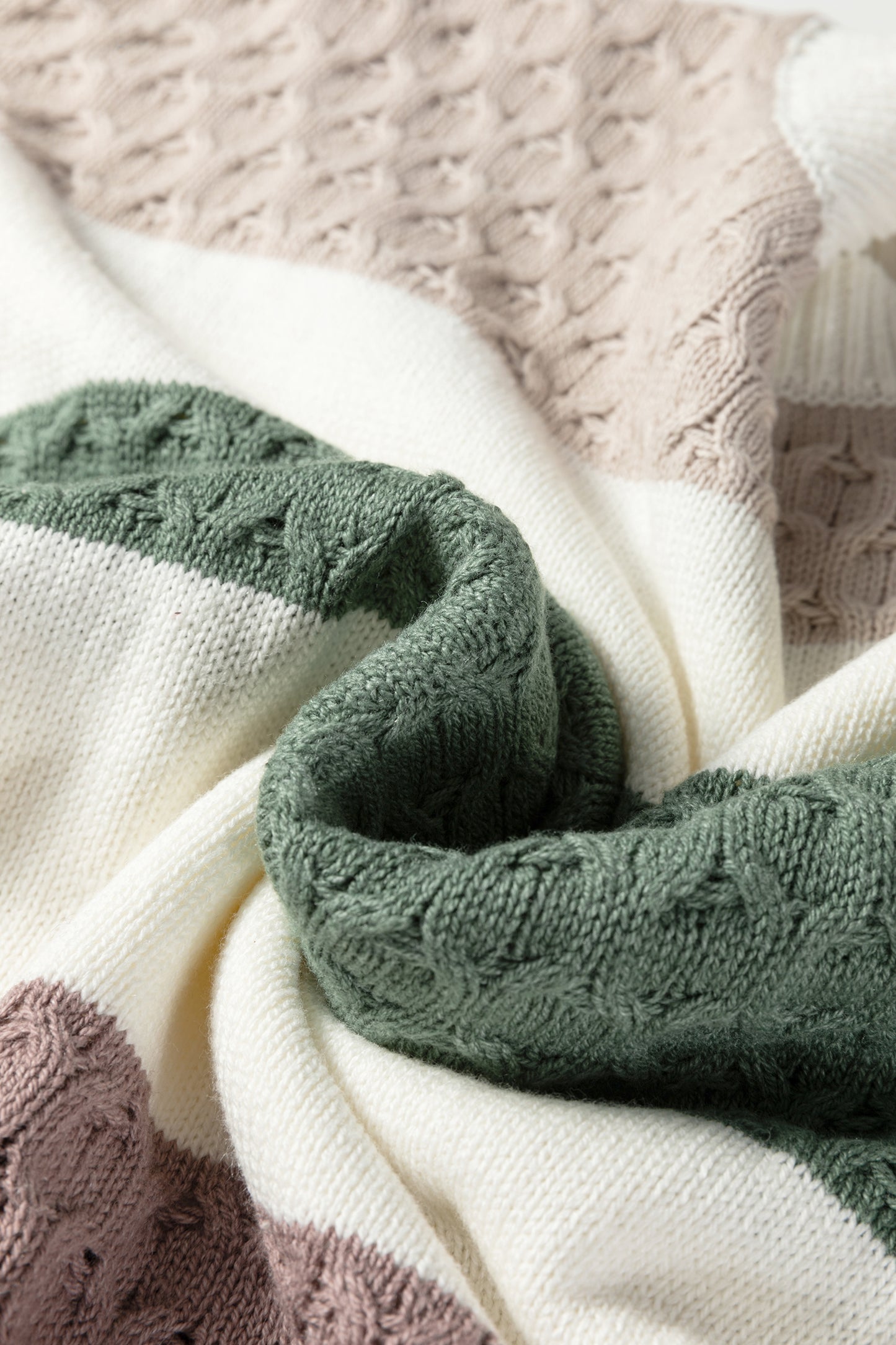 Green Mixed Texture Knit Striped Color Block Loose Sweater