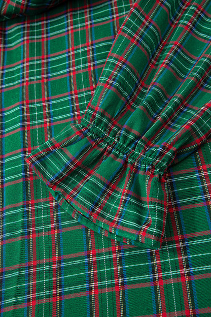 Green Tartan Plaid Square Neck Puff Sleeve Knot Waist Flared Midi Dress