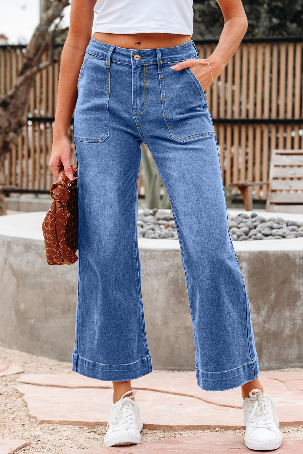 Sky Blue Cropped High Rise Wide Leg Jeans