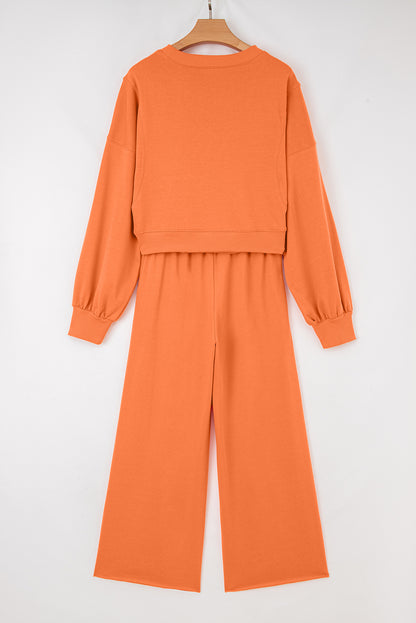 Flamingo Drop Shoulder Puff Sleeve Crop Pullover Drawstring Wide Leg Pants Set