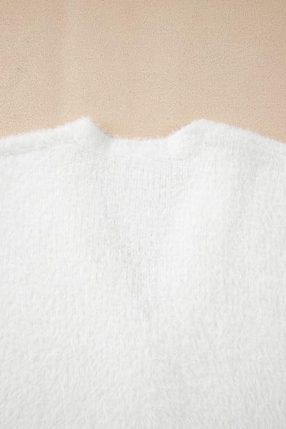 White Fuzzy Buttoned Front Midi Solid Cardigan