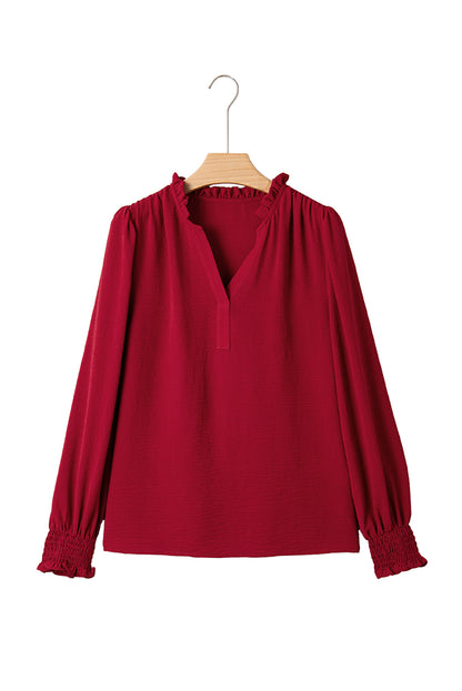 Burgundy Notched Neck Shirred Cuff Long Sleeve Blouse