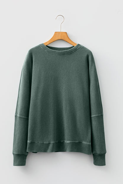 Mist Green Waffle Knit Patchwork Long Sleeve Loose Top