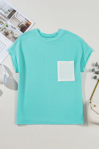 Light Blue Corded Knit Color Block Pocketed Crew Neck T Shirt