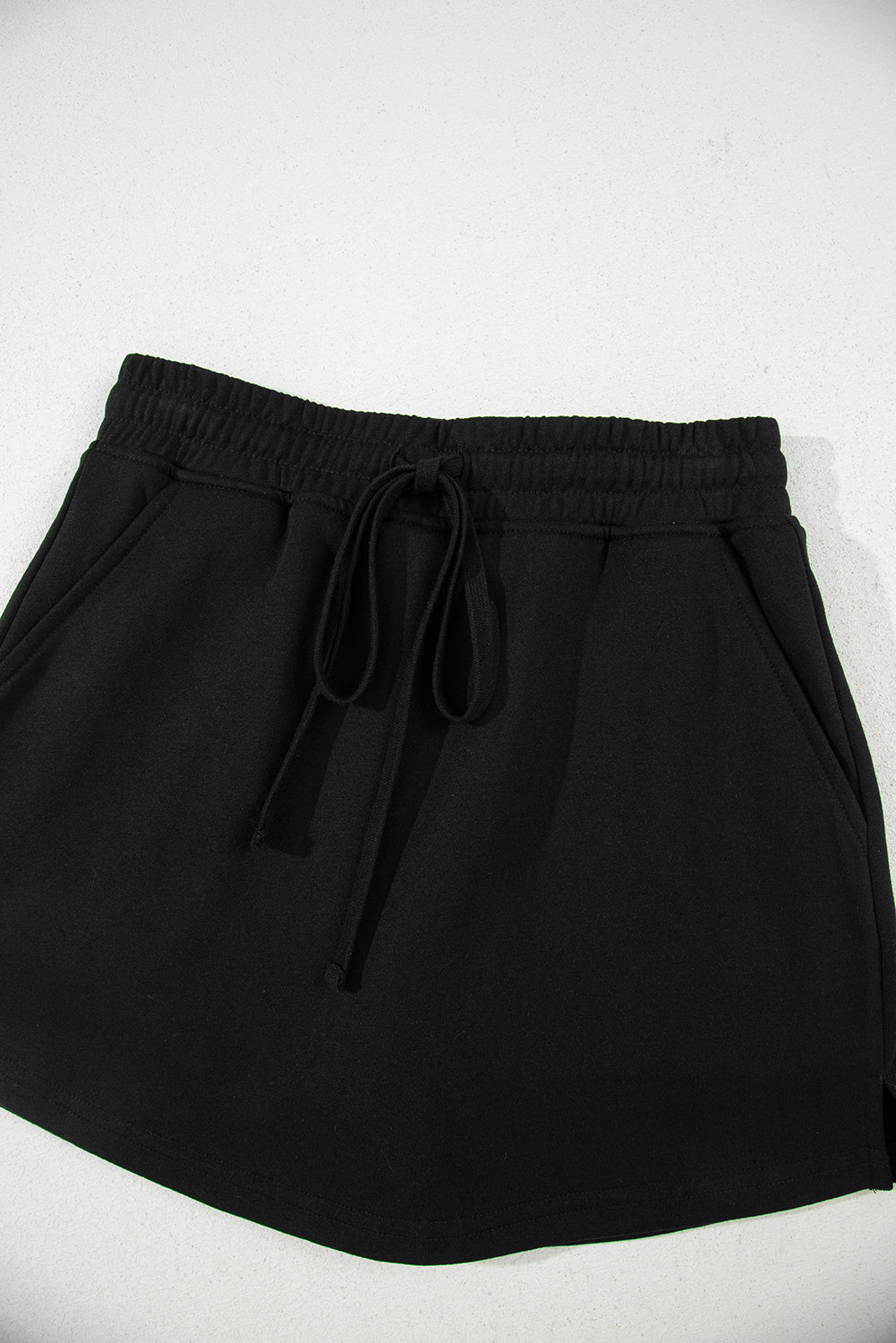 Black French Terry Drawstring Elastic Waistband Mini Skort with Pockets