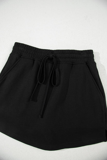 Black French Terry Drawstring Elastic Waistband Mini Skort with Pockets