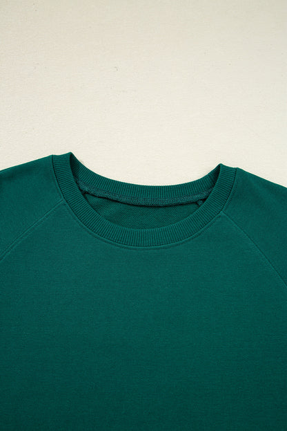 Sea Green Solid Color Pullover Top Varsity Stripe Detail Loose Drawstring Pants Set