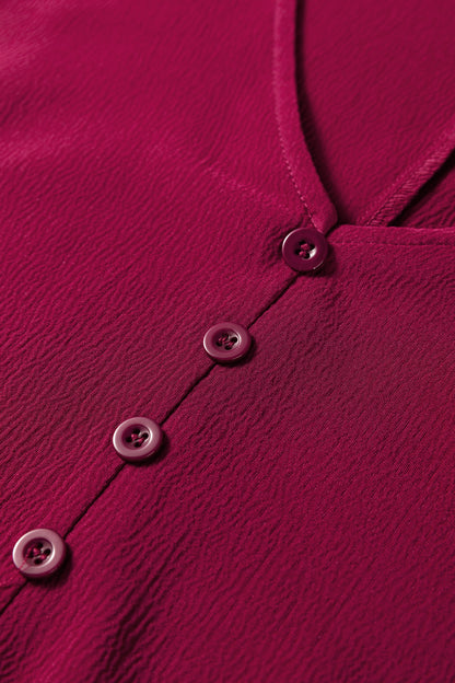 Burgundy Solid Long Sleeve Button V Neck Tiered Maxi Dress