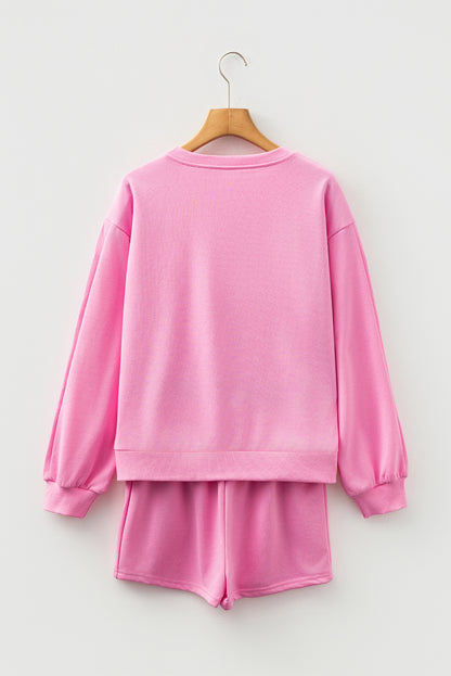 Sachet Pink Girly Bow Embroidered Detail Puff Sleeve Pullover 2pcs Short Set