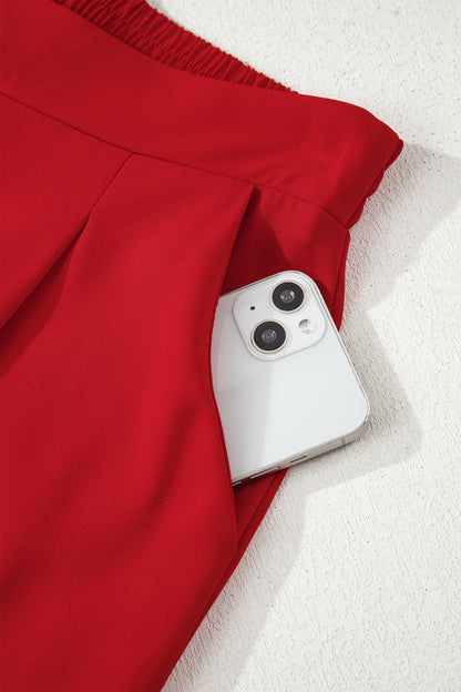 Fiery Red Pleated Detail Pull On High Elastic Waist Loose Straight Pants