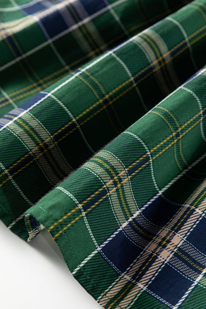 Green Plus Size Plaid Long Sleeve Notched Neck Shift Mini Dress