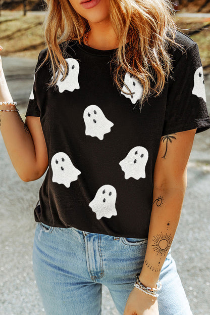 Black Sequin Halloween Ghost Patched Casual T Shirt