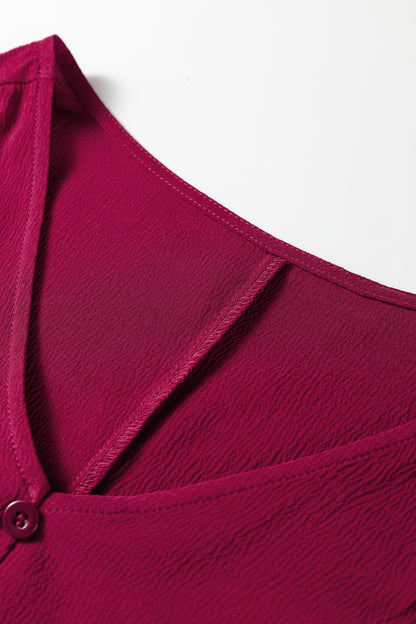 Burgundy Solid Long Sleeve Button V Neck Tiered Maxi Dress