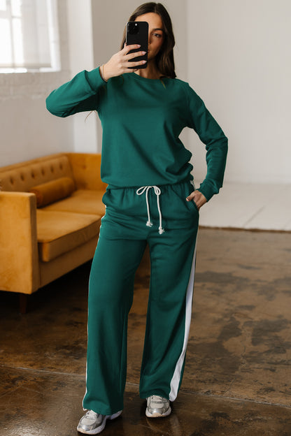 Sea Green Solid Color Pullover Top Varsity Stripe Detail Loose Drawstring Pants Set