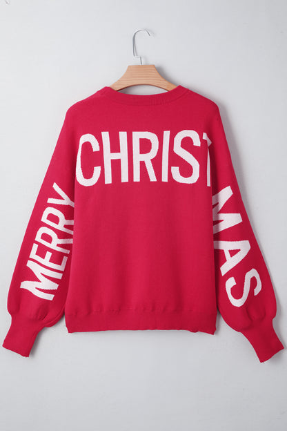 Fiery Red HO HO HO MERRY CHRISTMAS Drop Shoulder Loose Sweater
