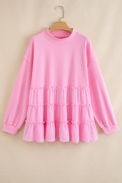 Pink Tiered Ruffle Ribbed Crew Neck Pullover Plus Size Top