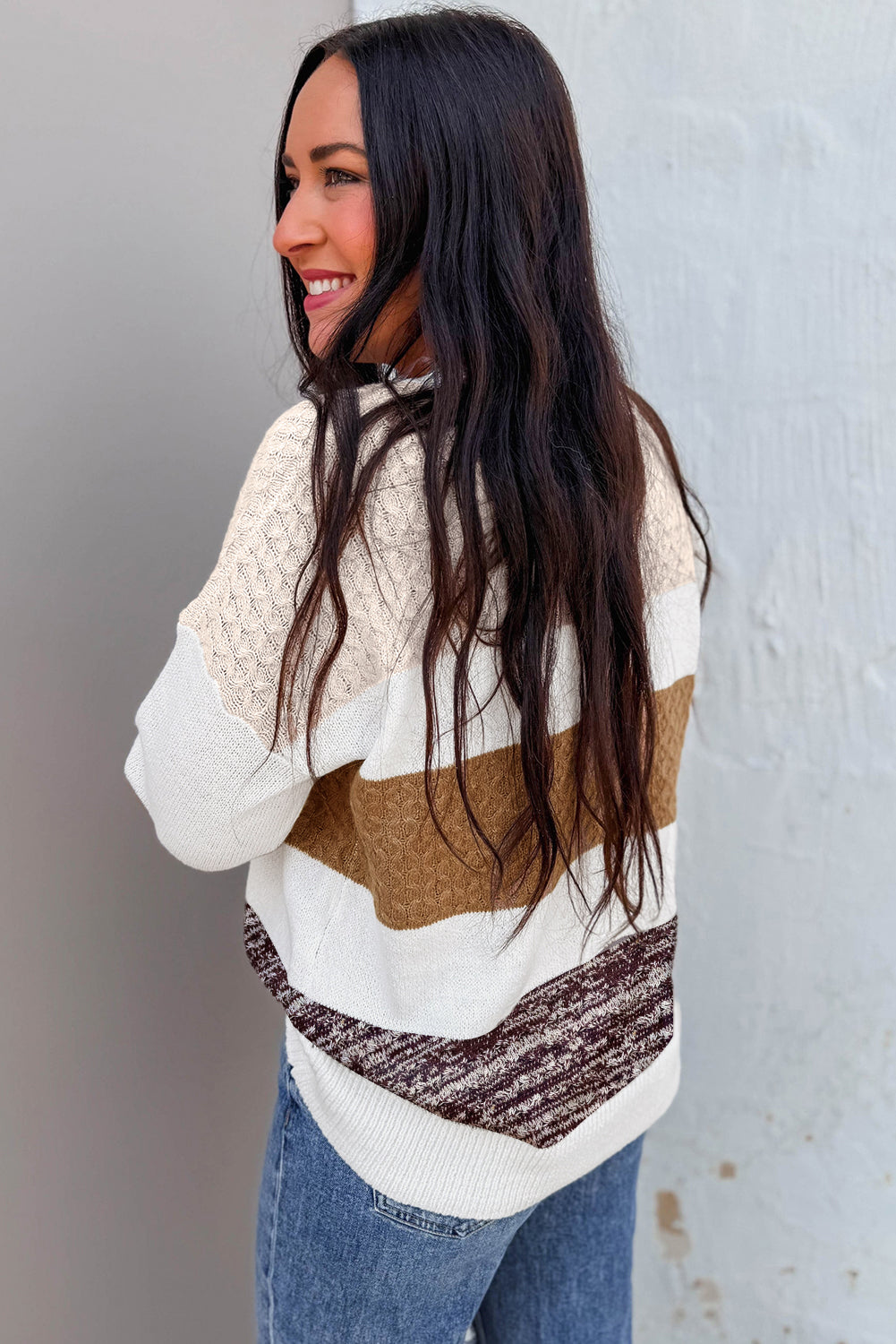 Brown Mixed Texture Knit Striped Color Block Loose Sweater