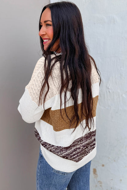 Brown Mixed Texture Knit Striped Color Block Loose Sweater