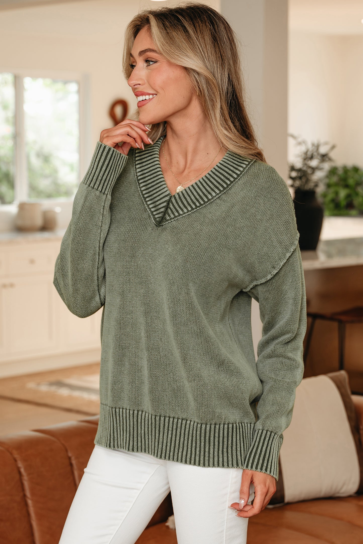 Four Leaf Clover Mineral Wash V Neck Knit Exposed Seam Drop Shoulder Loose Sweater