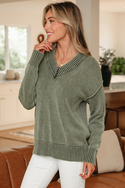 Four Leaf Clover Mineral Wash V Neck Knit Exposed Seam Drop Shoulder Loose Sweater