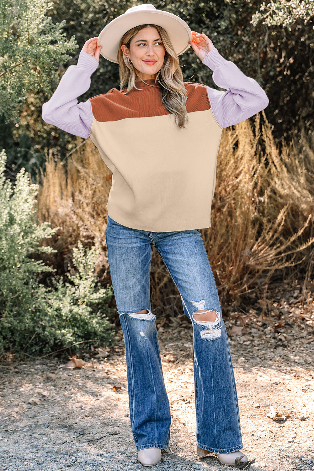 Khaki Color Block Plain Ribbed Knit Baggy Sweater