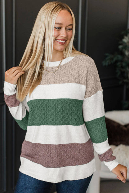 Green Mixed Texture Knit Striped Color Block Loose Sweater