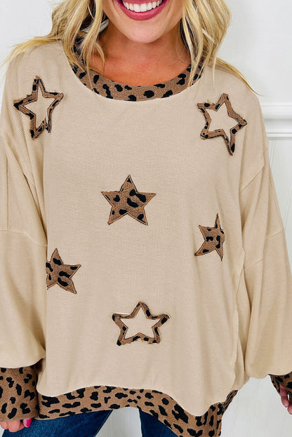 Beige Contrast Leopard Star Patchwork Detail Raw Seam Baggy Sweatshirt