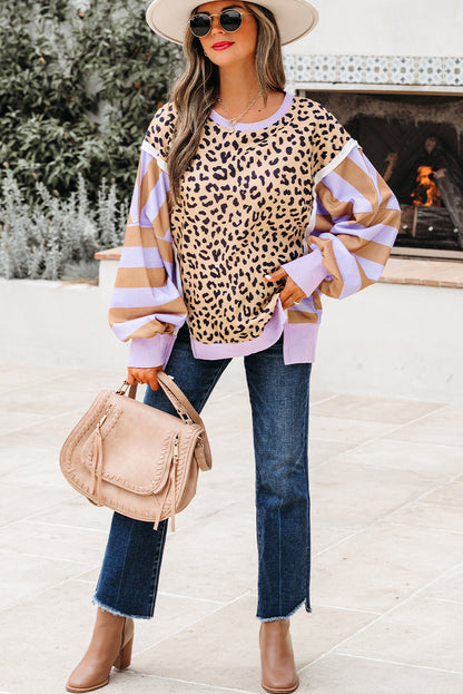 Purple Stripe Color Block Patchwork Leopard Casual Sweatshirt with Slits