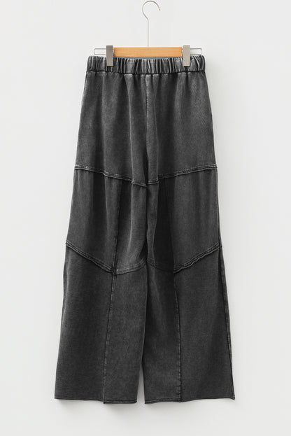 Black Mineral Wash Tiered Wide Leg Patchwork Drawstring Pants