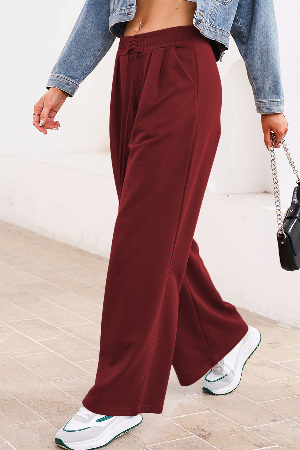Burgundy Tied Elastic High Waist Pleated Detail Solid Sweatpants