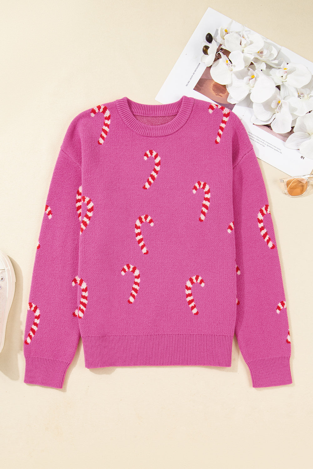 Sachet Pink Christmas Candy Cane Holiday Drop Shoulder Sweater