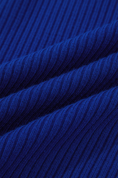 Dark Blue Patch Pocket Ribbed Knit Short Sleeve Sweater