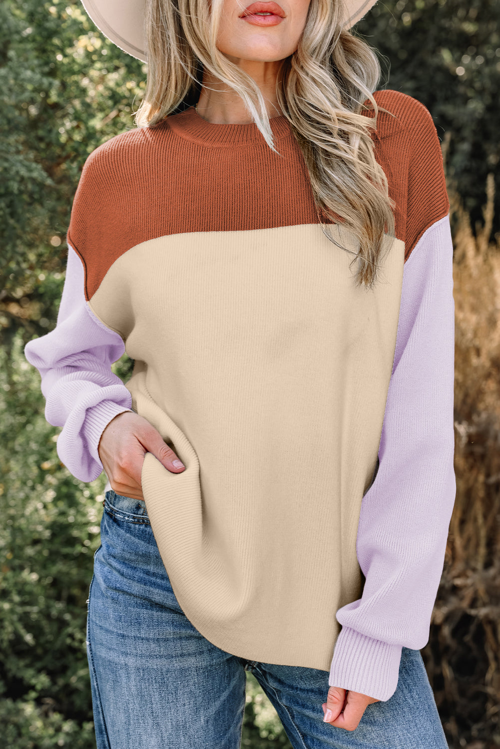 Khaki Color Block Plain Ribbed Knit Baggy Sweater