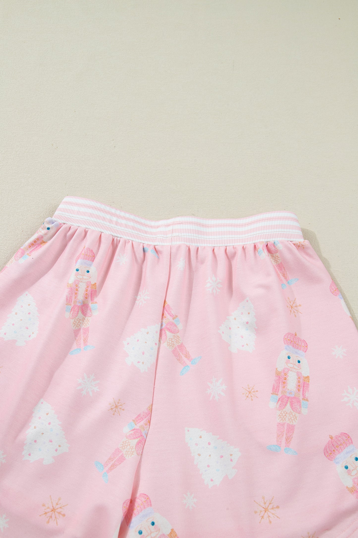 Pink Christmas Tree Nutcracker Doll Print Contrast Trim Long Sleeve Top Matching Shorts Set