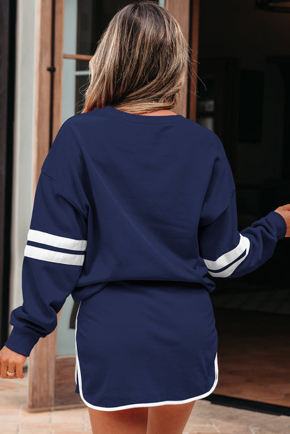 Navy Blue Varsity Stripe Detail Drop Shoulder Pullover Mini Skirt Set