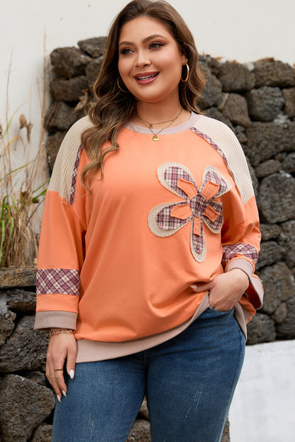 Grapefruit Orange Plaid Flower Waffle Patched Plus Size 3/4 Sleeve Top