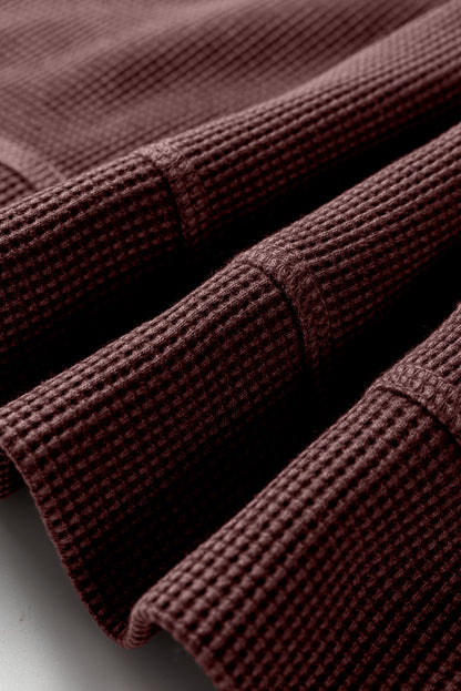 Dark Brown Waffle Knit Patchwork Long Sleeve Loose Top