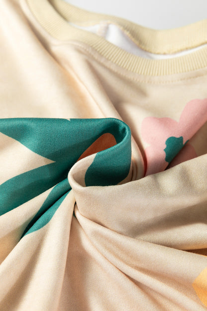 Khaki Mineral Washed French Terry Flower Print Sweatshirt