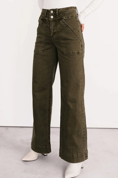 Jungle Green Double Waistband Loose Straight Jeans