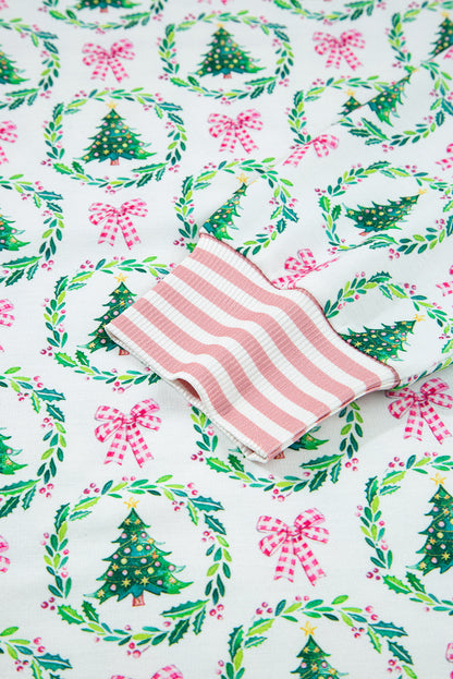Green Bow Christmas Tree Print Contrast Striped Banding 2pcs Lounge Set