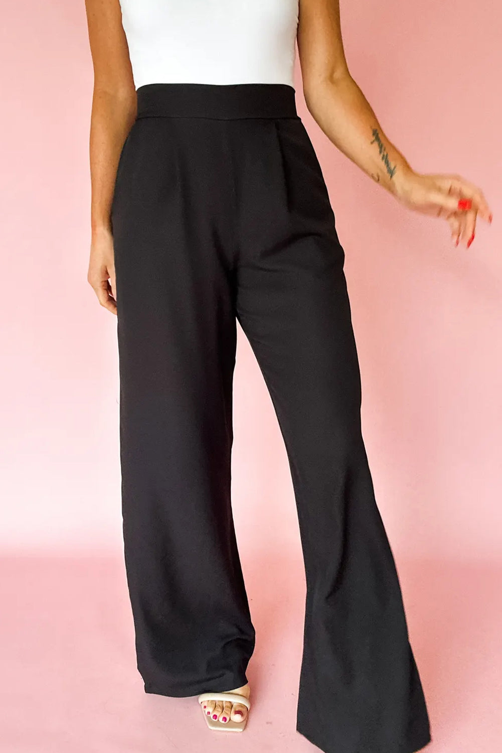 Black Pleated Detail Pull On High Elastic Waist Loose Straight Pants