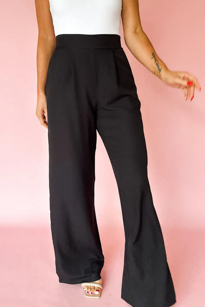 Black Pleated Detail Pull On High Elastic Waist Loose Straight Pants