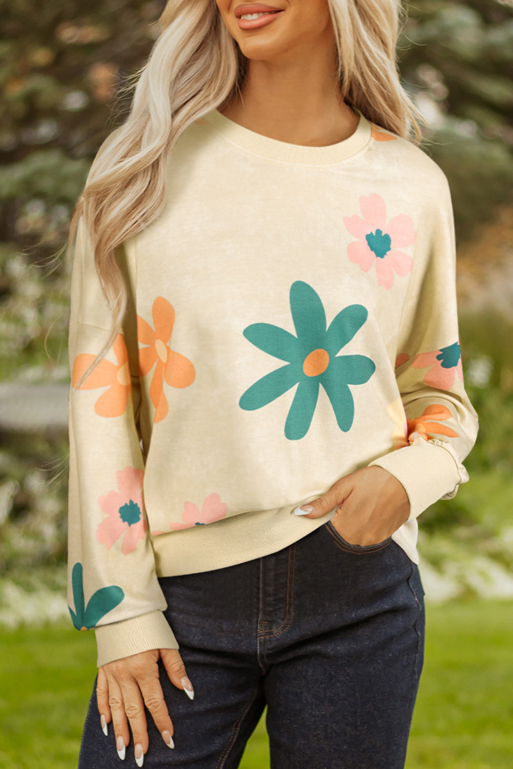 Khaki Mineral Washed French Terry Flower Print Sweatshirt