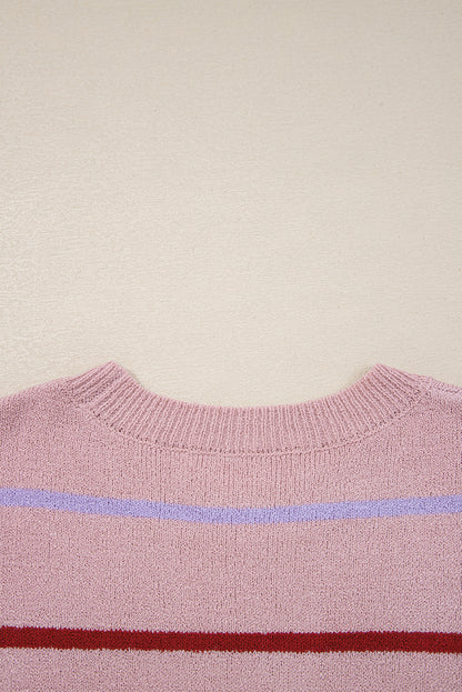 Pink Stripe Ribbed Edge Drop Shoulder Sweater